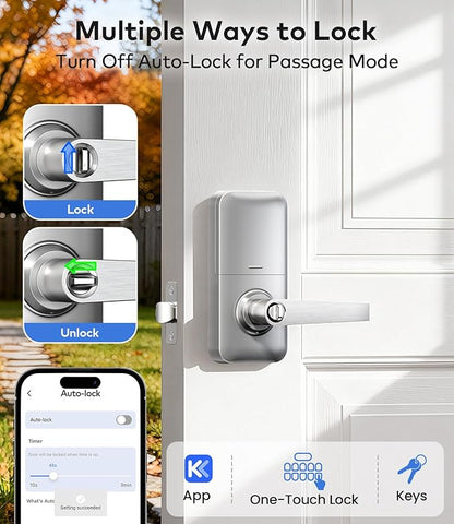 TEEHO TE019 Smart Keypad Door Lock with Handle, App Control, Keyless Entry Electronic Lock, Remote One-Time Codes, Auto Lock, Passage Mode, for Bedroom, Interior Door & Rental, Satin Nickel