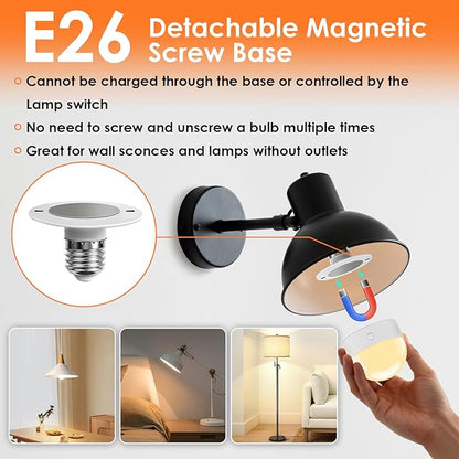 TJOY E26 Rechargeable Light Bulb with Remote and Timer, Battery Operated Bulb with 3 Color Temperatures and 15 RGB Colors, Dimmable Wireless LED Bulb for Lamps, Detachable Charging for Sconces, 4 Pack