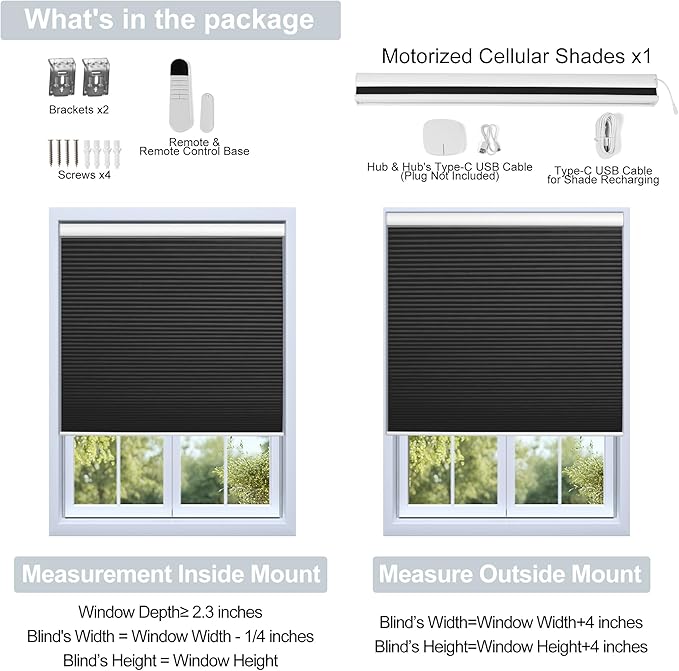 BERISSA Motorized Cellular Shades, Blackout Smart Honeycomb Blinds with Remote Control & Hub, Custom Room Darkening Automatic Cellular Window Blinds for Home Office, Living Room, Door,Black
