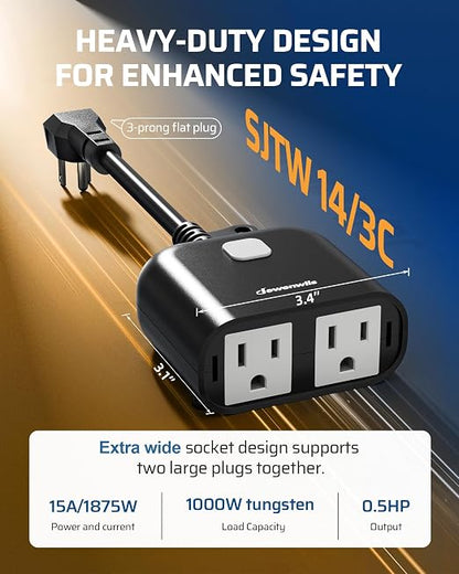 DEWENWILS Outdoor Wireless Remote Control Outlet, Dual Grounded 15A Heavy Duty Plug-in Light Switch, 100FT RF Range, Weatherproof, Individual & All-in-One Remote, 1 Remote & 3 Receivers, Black