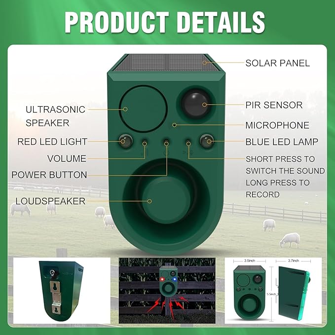 ChunHee Solar Outdoor Motion Sensor Alarm with 3Volume Control & Voice Recording, 129dB Loud Dog Barking Alarm with Red & Blue Strobe Light Noise Maker 4Work Modes for Chicken coop, Garden, Farm, Home
