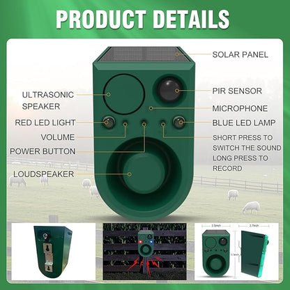 ChunHee Solar Outdoor Motion Sensor Alarm with 3Volume Control & Voice Recording, 129dB Loud Dog Barking Alarm with Red & Blue Strobe Light Noise Maker 4Work Modes for Chicken coop, Garden, Farm, Home