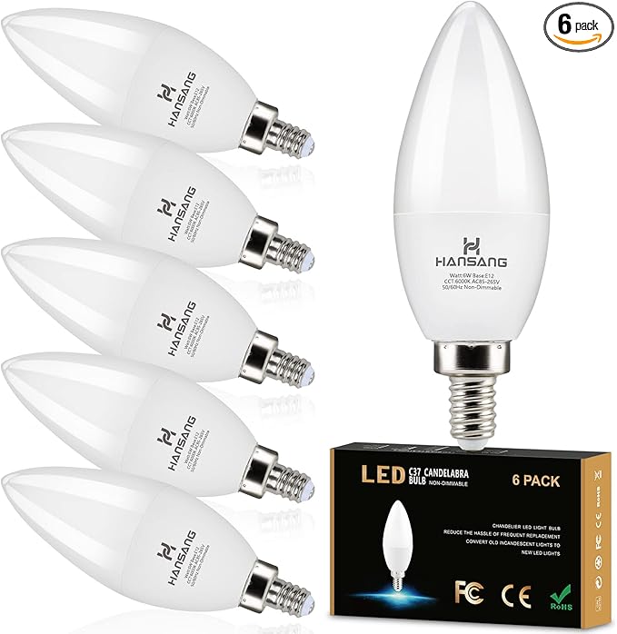 E12 Candelabra LED Light Bulbs 6000K Cool Daylight White, Small Base Type B Light Bulb for Chandelier, 6W 60Watt Equivalent, B11 Ceiling Fan Light Bulbs, 600 Lumen, Non-dimmable, 6 Pack