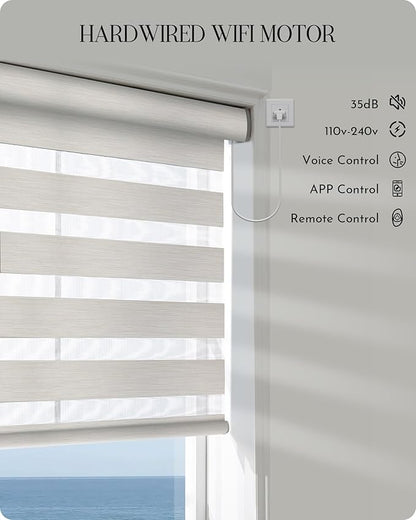 Graywind Motorized Zebra Blinds for Windows, Darkening Hardwired Smart Blinds with Remote Control, Dual Layer Custom Zebra Shades Work with Alexa, Google Home, Apple Homekit, Linen Vanilla