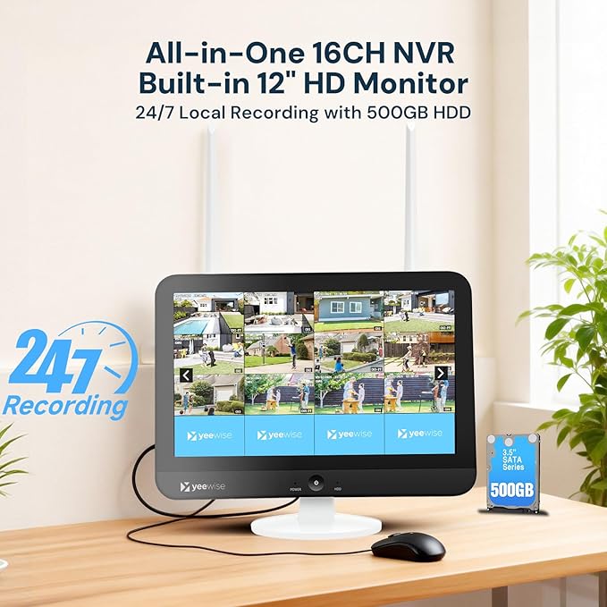 yeewise Triple Lens Wireless Security Camera System with 12" Monitor, 180° Wide View + 360° PTZ AI Tracking, WiFi 6, 16CH NVR, 24/7 Recording, 500GB HDD, No Monthly Fee, Plug-in Power