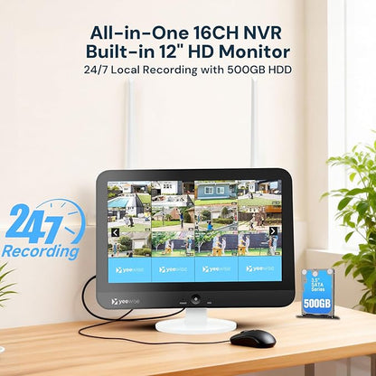 yeewise Triple Lens Wireless Security Camera System with 12" Monitor, 180° Wide View + 360° PTZ AI Tracking, WiFi 6, 16CH NVR, 24/7 Recording, 500GB HDD, No Monthly Fee, Plug-in Power