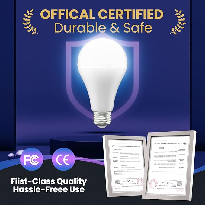 Emergency-Rechargeable-Light-Bulb, Stay Lights Up When Power Failure, 1500mAh 12W 60W Equivalent LED Light Bulbs for Home, Camping, Hiking (E27, with Hook,with Plug Cap) 2 Pack