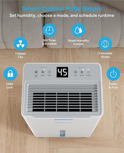 21 Pints Dehumidifier for Basement, 1500 Sq. Ft Dehumidifiers for Home with Drain Hose, Quiet Smart Humidity Control for Bedroom Bathroom with Auto Shut Off, 24H Timer (White)