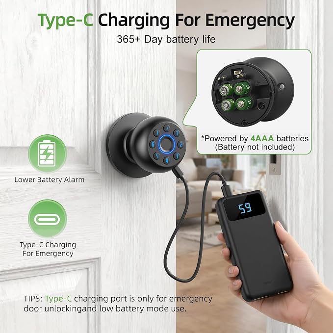 Fingerprint Door Knob, Smart Door Knob, Biometric Door Knob with Code, App Control, Auto Lock, Fingerprint Door Lock,Thumb Print Door Knobs for Bedroom, Office, Apartment