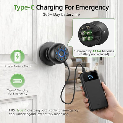 Fingerprint Door Knob, Smart Door Knob, Biometric Door Knob with Code, App Control, Auto Lock, Fingerprint Door Lock,Thumb Print Door Knobs for Bedroom, Office, Apartment