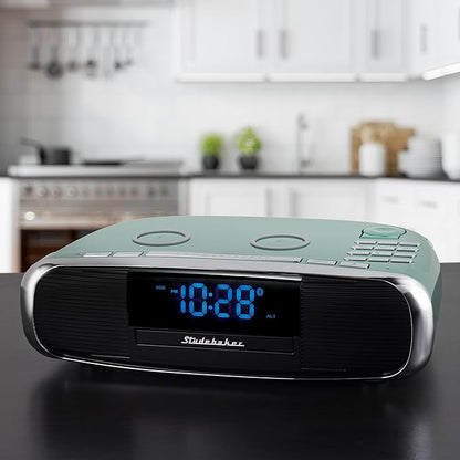 Studebaker Workstaton HiFi Music System with Bluetooth, FM Radio, CD, and Qi Wireless Charging Station (Teal)