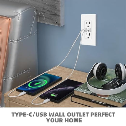 Micmi USB Outlet with C + A Wall Dual High Speed Receptacle Smart 4.8A Fast Charging Capability,15Amp 125Volt, Tamper Resistant Wall Plate Included (10Pack, White, 15 Amp Outlet)