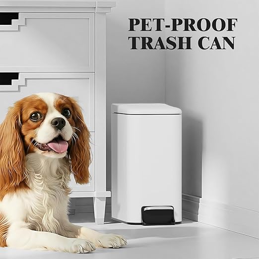 Small Bathroom Trash Can w/Lid Soft Close, 6 Liter/1.6 Gallon Stainless Steel Garbage Can w/Inner Bucket, Trash Bin Waste Basket for Kitchen, Bedroom, Living Room, Office, Toilet, White