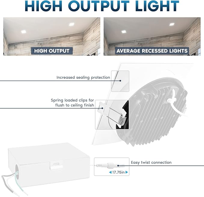 LUXRITE 6 Inch Square LED Recessed Ceiling Light with Junction Box, 18W, 5CCT Selectable 2700K/3000K/3500K/4000K/5000K, 1800LM High Brightness, Dimmable Canless Downlight, Wet Rated, IC Rated, ETL