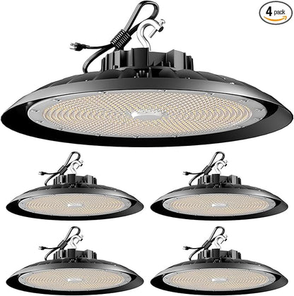 420W LED High Bay Light 5000K Daylight UFO Commercial Bay Light AC100-277V, 63000LM (1680W MH/HPS) High Bay LED Shop Lights with Plug and US Hook-4Pack