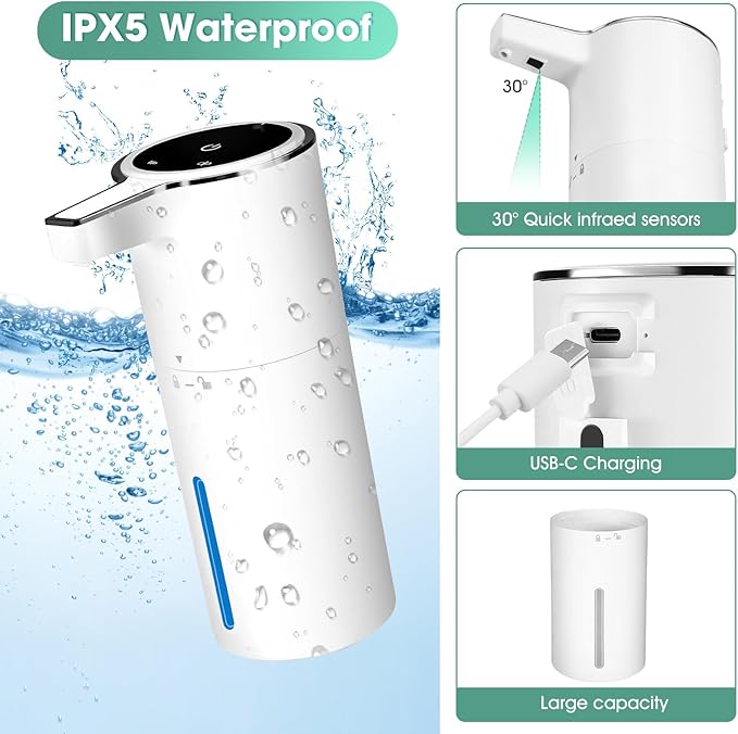 4 Pack Touchless Automatic Liquid Soap Dispenser, 13.5oz Smart Sensor Hand Wash Dispenser, USB Rechargeable & Adjustable for Bathroom Kitchen Sink, White