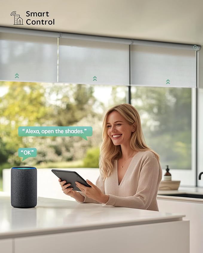 Yoolax Smart Coupled Solar Shades Compatible with Alexa, Motorized Blinds with Remote Flame Retardant Coupled Roller Shades for X-Large Windows, Custom Size (XL - 1% Openness White)