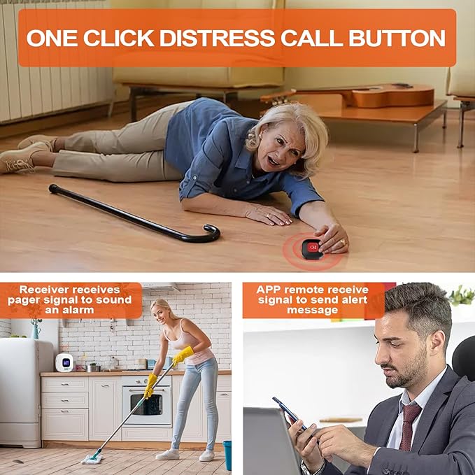 WiFi Caregiver Pager with No Monthly Fee - Smart Call System with LED Display & App Alerts, 2 SOS Panic Buttons & 1 Receiver, Emergency Alert for Elderly Home Care (2.4GHz WiFi Only)