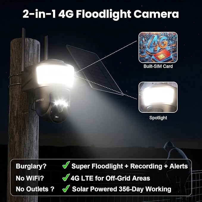 4G LTE Cellular Solar Security Camera Wireless Outdoor, No WiFi Security Camera with Powerful Spotlight, Free Cloud Storage(Need Apply), 2K Cameras for Home Security, PTZ 360° View for Farm Ranch RV