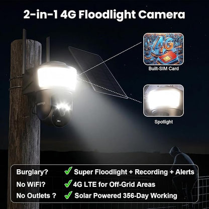 4G LTE Cellular Solar Security Camera Wireless Outdoor, No WiFi Security Camera with Powerful Spotlight, Free Cloud Storage(Need Apply), 2K Cameras for Home Security, PTZ 360° View for Farm Ranch RV