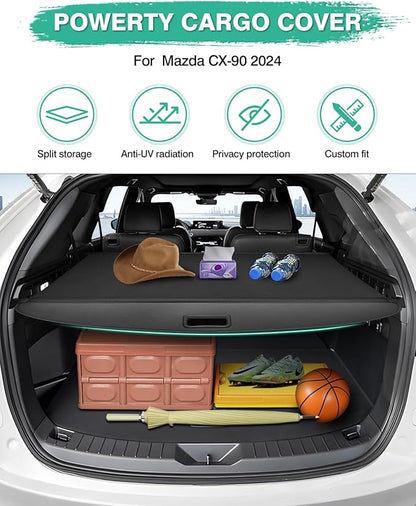 Powerty Retractable Cargo Cover for Mazda CX-90 CX90 Accessories 2024 2025 2026, Canvas Texture Trunk Cover Privacy Screen Rear Security Shade for Mazda CX-90 Accessories