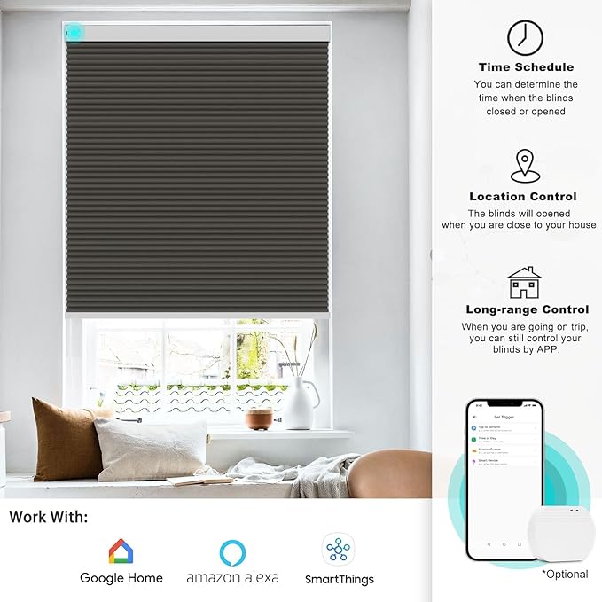 Changshade Motorized Blackout Cellular Shades for Indoor Windows Smart Blinds Automatic Electric Power with Remote Control, Custom Size Honeycomb Blind Compatible with Alexa, Google Home, Taupe