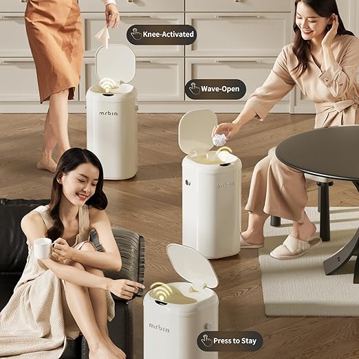 MRBIN Metal Automatic Tall Kitchen Trash Can with Lid, 18L / 4.8gal Slim Motion Sensor Waste Basket, Touchless Electric Garbage Bin for Office and Bathroom, Cream White