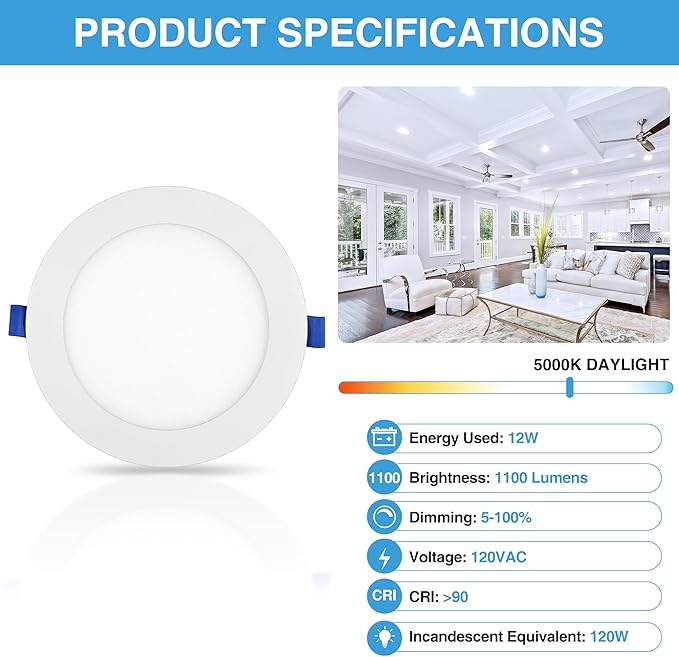 ECOELER 6 Inch Ultra Thin LED Recessed Ceiling Lights, Smooth Trim Canless Downlight,12W 1100Lm 5000K Daylight, Dimmable, Wafer Thin, Slim LED Panel with Junction Box, ETL Listed, 6 Pack