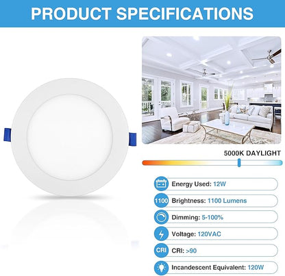 ECOELER 6 Inch Slim Recessed Lighting with Junction Box, Dimmable Recessed Can Lights, 5000K Daylight, 12W 1100Lm Dimmable LED Downlight, ETL & FCC Listed