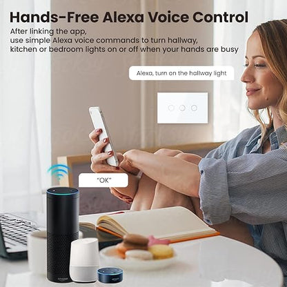 Smart Switch Neutral Wire Optional,APP Control,White 3 Button | 4.65 X 2.83 X 1.34 Inches,Only 2.4GHz Wi-Fi,Voice Control,Work with Tuya/Smart Life/Alexa,Tempered Glass Panel