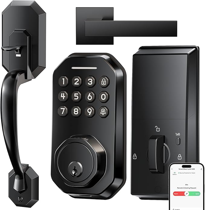 Ulecoce WiFi Smart Door Lock for Front Door, Keyless Entry Door Lock with App Control, Front Door Lock Set, Keypad Deadbolt with Handle Set, 5 Keys, Auto-Lock ＆ One-Touch Lock, One-time Codes, Black