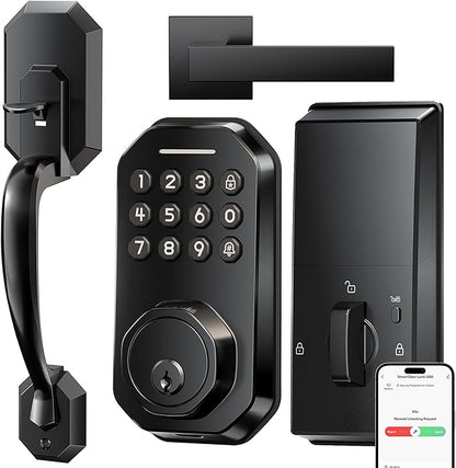 Ulecoce WiFi Smart Door Lock for Front Door, Keyless Entry Door Lock with App Control, Front Door Lock Set, Keypad Deadbolt with Handle Set, 5 Keys, Auto-Lock ＆ One-Touch Lock, One-time Codes, Black