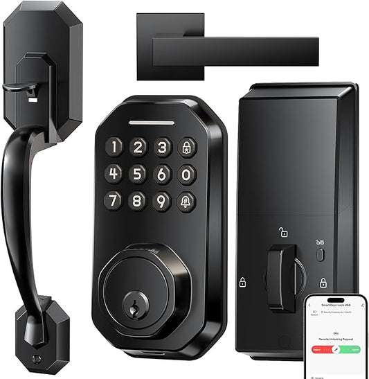 Ulecoce WiFi Smart Door Lock for Front Door, Keyless Entry Door Lock with App Control, Front Door Lock Set, Keypad Deadbolt with Handle Set, 5 Keys, Auto-Lock ＆ One-Touch Lock, One-time Codes, Black