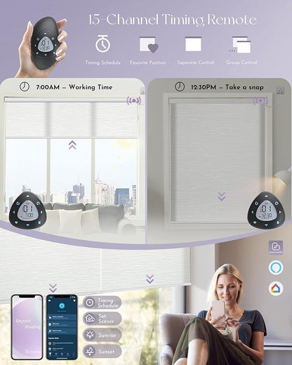 Graywind Motorized Light Filtering Shades Compatible with Alexa Google Hardwired WiFi Smart Half Shading Remote Control Automated Blinds Electric Window Shades, Custom Size (Jacquard White)