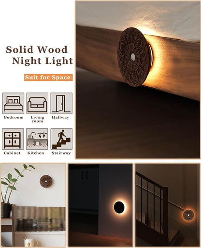 Carved Flower Wood Motion Sensor Night Light, Rechargeable Magnetic