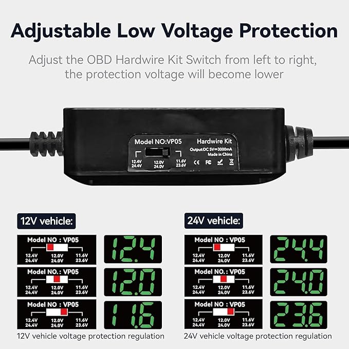 REDTIGER Dash Cam OBD Hardwire Kit Power Cable Type USB C Port,10FT 12V-24V to 5V,for Dash Camera, Low Voltage Protection