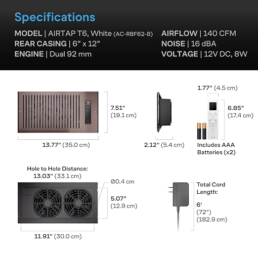 AC Infinity AIRTAP T6, Bronze Register Booster Fan for 6”x12” Openings | Automatic Open/Close Vents, Wireless LCD Temperature Controller, WiFi App, Quiet 10-Speeds, Smart Home
