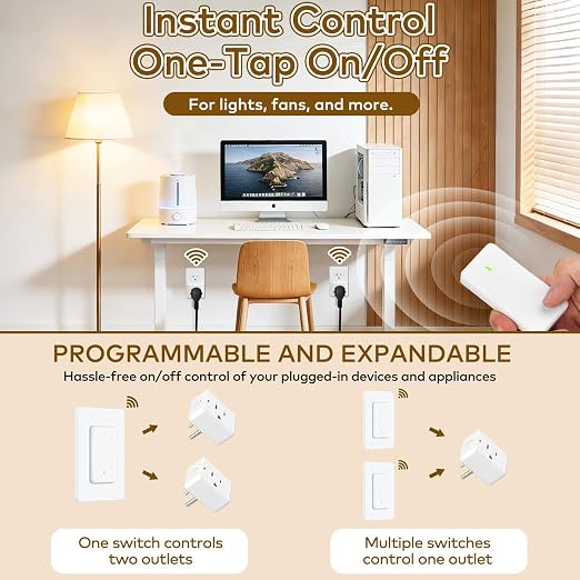 NineLeaf Remote Plug in On Off Switch, Square Outlet Plug with Remote, Wireless On/Off Light Switch Wall Mounted, 15A/1500W, TUV Listed, No Wiring Needed, 500ft RF, for Lamps, Fans,1 Switch 5 Outlets
