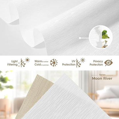 HeyBlinds Motorized Blinds with Remote, Smart Roller Shades with App & Voice Control, Work with Alexa Google HomeKit, Light Filtering Custom Window Shades for Living Room Office (Moon River-White LF)