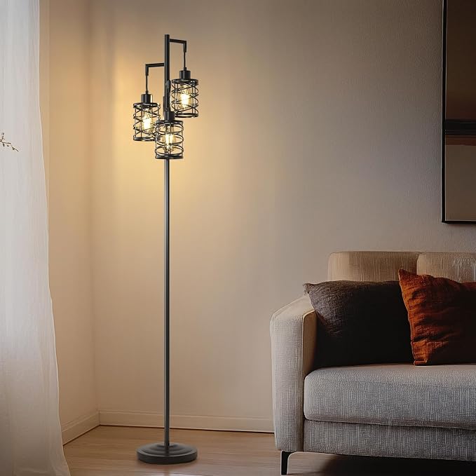 Oneach 70" Industrial Floor Lamp, Stepless Dimmable Standing Lamp with 3 Bulbs, Farmhouse Corner Standing Tree Lamp for Living Room, Tall Lamps for Bedroom, Office, Study Room, Dining Room, Black
