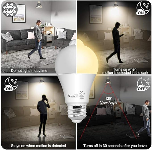 AmeriTop Motion Sensor Light Bulb- 4 Pack, 10W(60W Equivalent) 806lm Motion Activated Dusk to Dawn Security LED Bulb; UL Listed, A19, E26, Auto On/Off Indoor Outdoor Lighting (2700K Soft White)