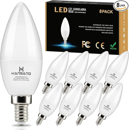 8 Pack E12 Candelabra LED Light Bulbs 4000K Natural Daylight, Small Base Type B Light Bulb for Chandelier, 6W 60Watt Equivalent, B11 Ceiling Fan Light Bulbs, 600LM, Non-dimmable