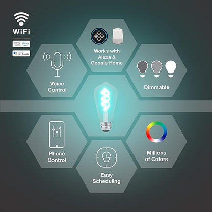 Sylvania WiFi LED Smart ST19 RGBW Color and Amber Finish Filament Light Bulb, 7W Efficient, for Alexa/Google Assistant, 2000K, No Hub Required, Clear - 1 Pack (75809)