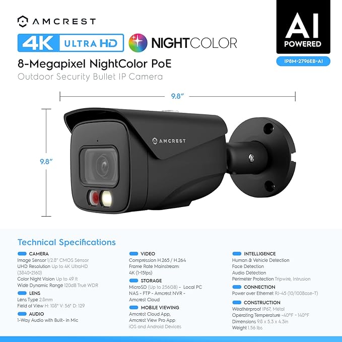 Amcrest 2-Pack UltraHD 4K IP PoE AI Camera, FOV 129°, 49ft Color Nightvision, Security Outdoor Bullet Camera, Human & Vehicle Detection, Active Deterrent, 4K @15fps, 2PACK-IP8M-2796EB-AI (Black)