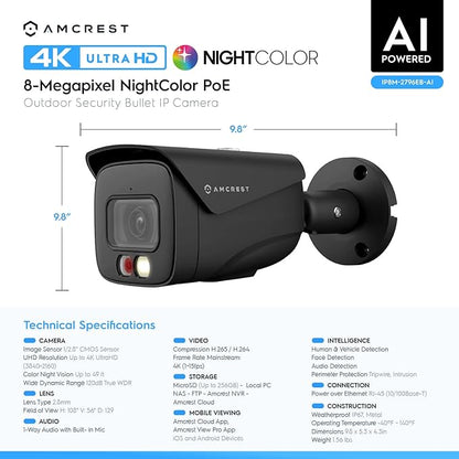 Amcrest 2-Pack UltraHD 4K IP PoE AI Camera, FOV 129°, 49ft Color Nightvision, Security Outdoor Bullet Camera, Human & Vehicle Detection, Active Deterrent, 4K @15fps, 2PACK-IP8M-2796EB-AI (Black)
