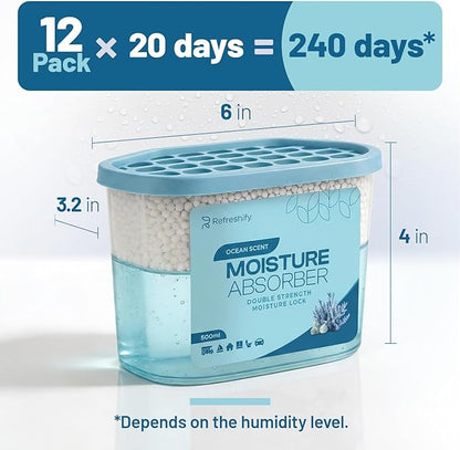 Premium Moisture Absorbers and Dehumidifier Tubs – High-Efficiency Closet Dehumidifier, Ocean Scent, 12 Pack, 7.5 Oz