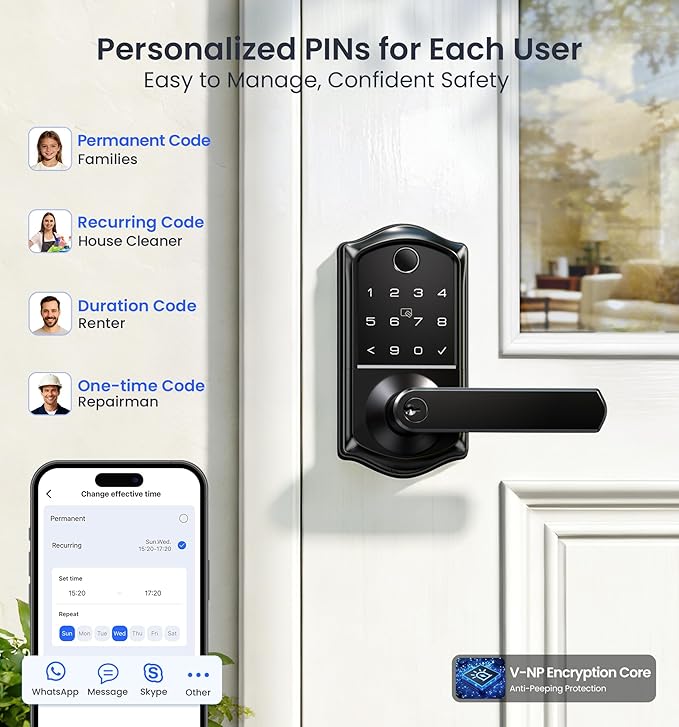 Veise VE019 Fingerprint Smart Lever Lock, App Control, Keyless Entry Door Lock with Handle, Touchscreen Keypad Knob for Front Door and Bedroom, Remote Access Sharing, IP55 Waterproof, Matte Black