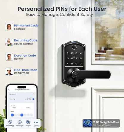 Veise VE019 Fingerprint Smart Lever Lock, App Control, Keyless Entry Door Lock with Handle, Touchscreen Keypad Knob for Front Door and Bedroom, Remote Access Sharing, IP55 Waterproof, Matte Black