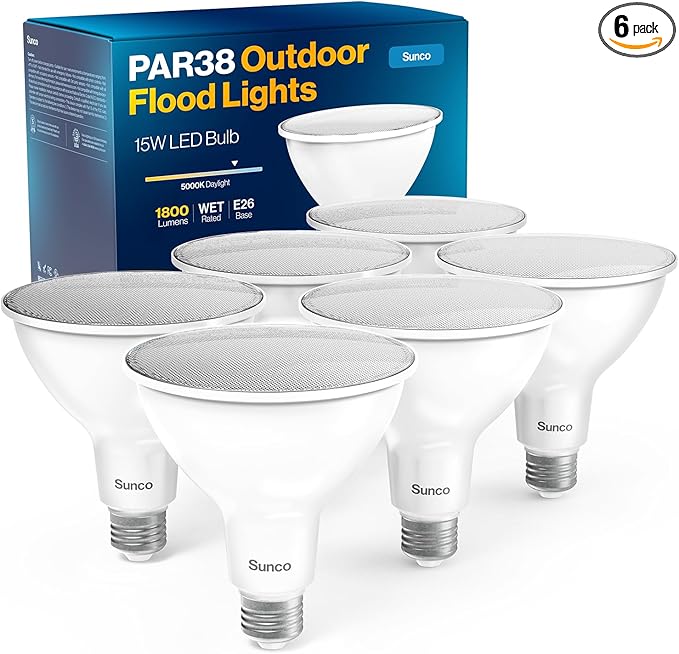 Sunco 6 Pack Outdoor Flood Light Bulbs, PAR38 LED Flood Lights Waterproof, 1800 LM, 15W (150W Equivalent), 5000K Daylight, Dimmable, E26 Base, Wet Rated, for Porch Landscape Driveway Garage Yard, UL.