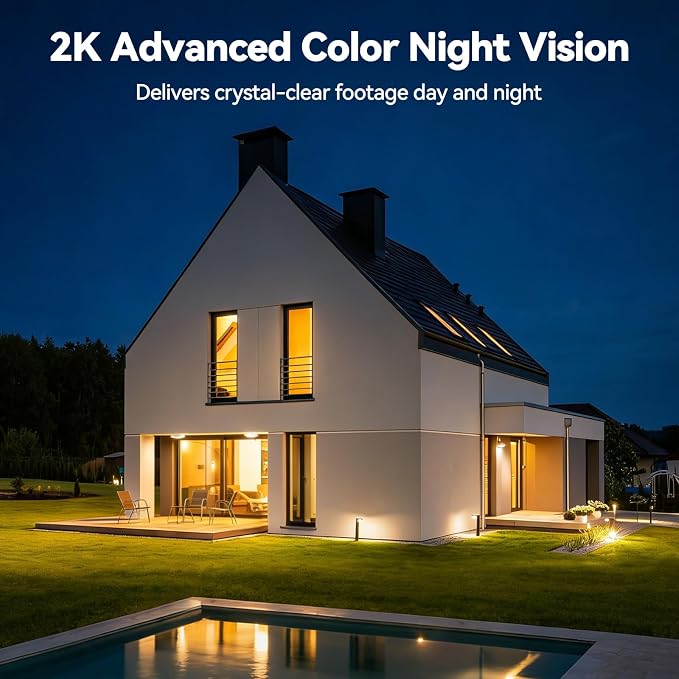 Chpuss Solar Security Camera Wireless Outdoor, 2K HD Surveillance Solar Powered WiFi Camera, Color Night Vision, PIR Detection, 360° View, 2-Way Talk, Spotlight Siren Alarm (Black & White - 2PACK)